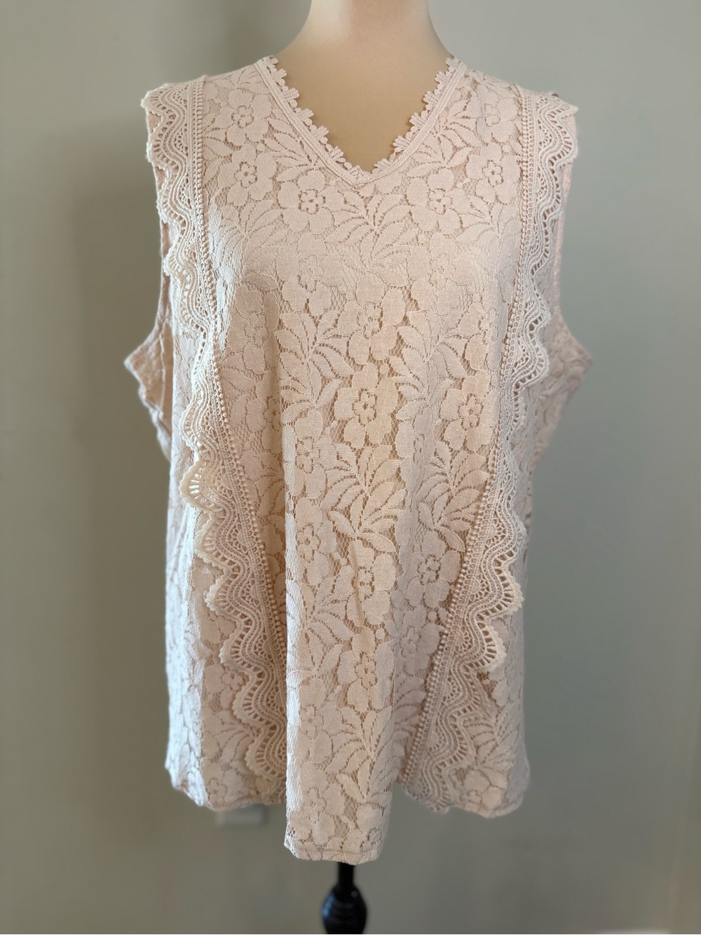 Powder pink floral lace ruffled sleeveless top Plus SZ XXL